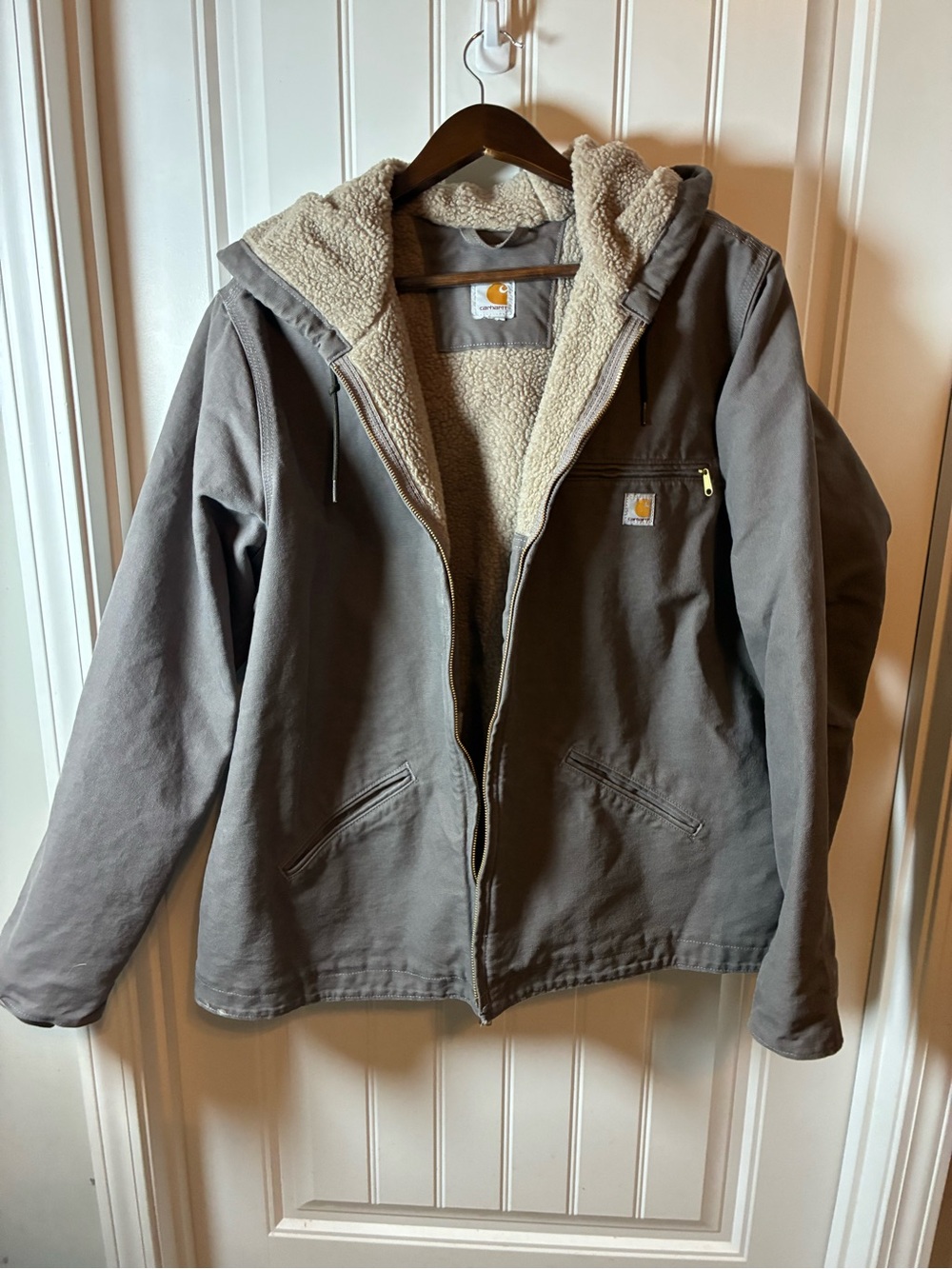Carhartt Hooded Sherpa-Lined Utility Jacket — Gray with Cream Lining